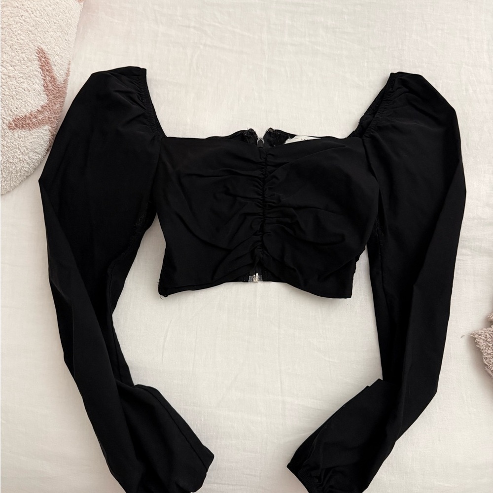 American Threads Black Ruched Crop Top